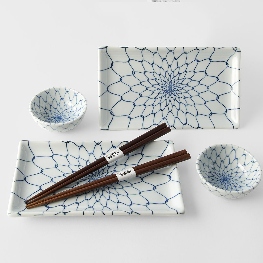 Sushi Set White with Blue Net 4 pcs with Chopsticks