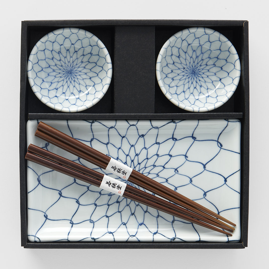 Sushi Set White with Blue Net 4 pcs with Chopsticks