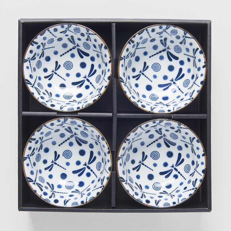 Bowl Set, 4pcs, 350ml,  Blue Dragonfly Design