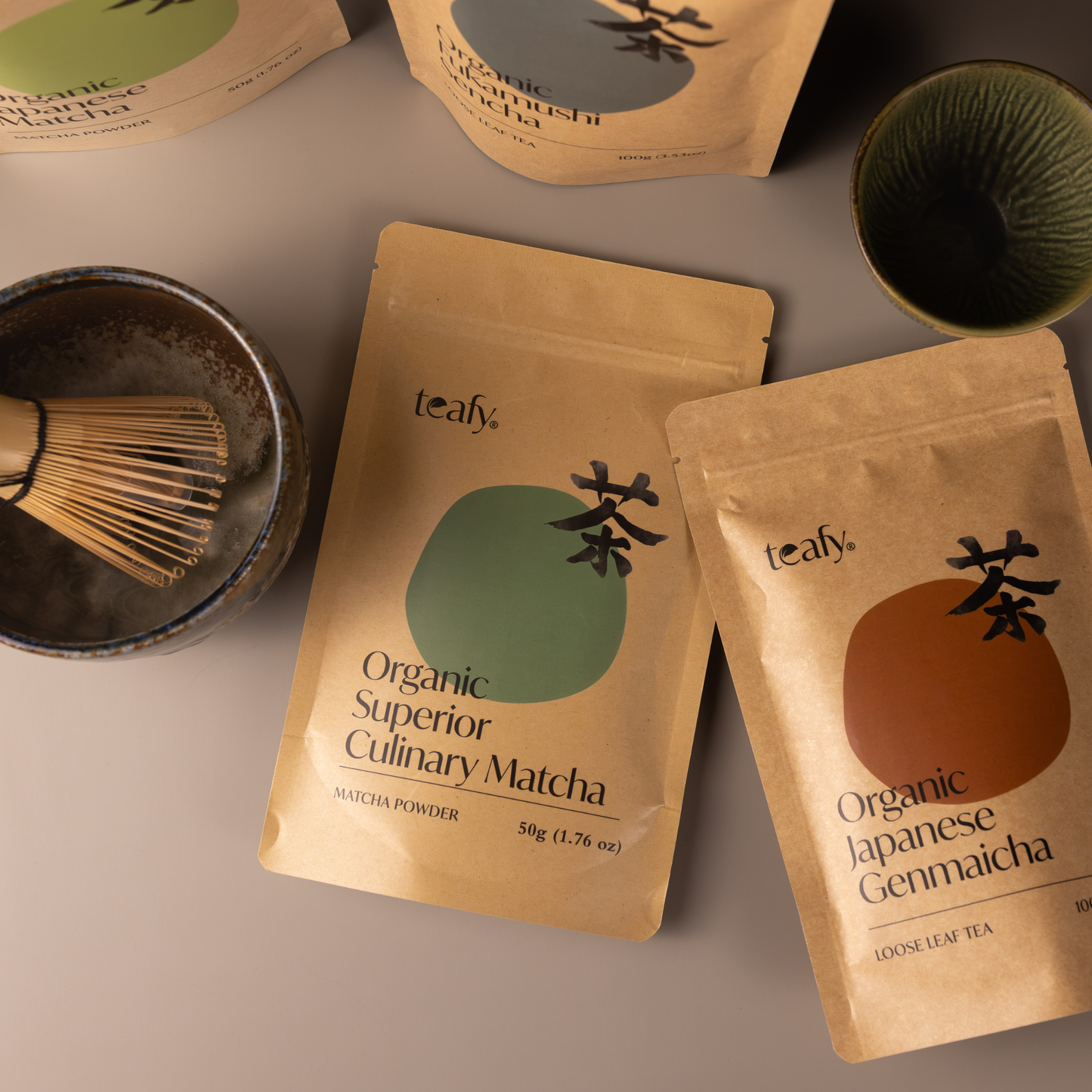Teafy Organic Genmaicha Green Tea alongside other Japanese teas