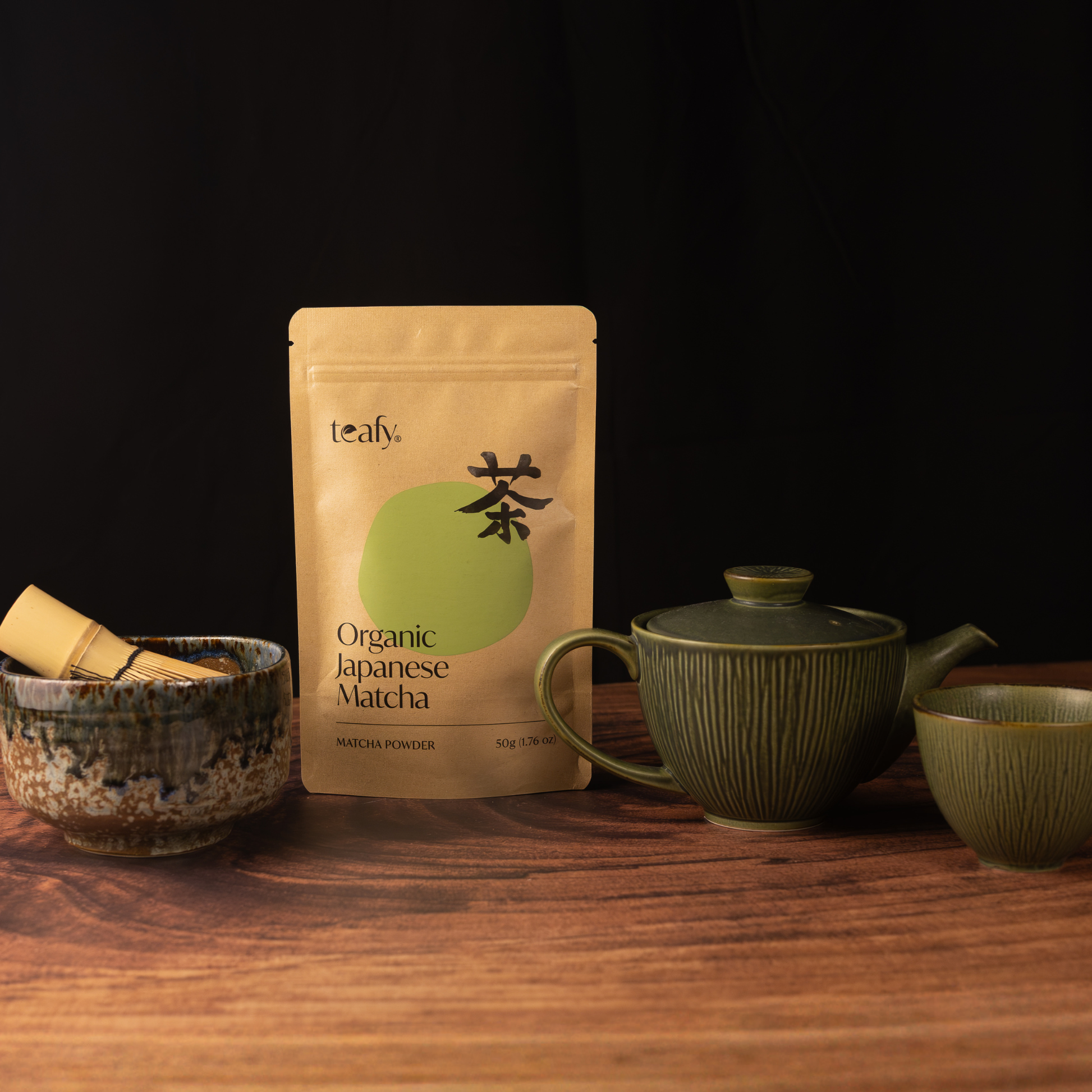 Teafy Organic Japanese Matcha in a traditional Japanese tea setting