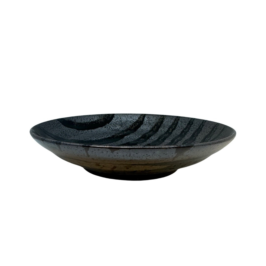 Flat Base Shallow Bowl 500 ml / Gloss Black Stripes On Gunmetal Glaze / 23cm